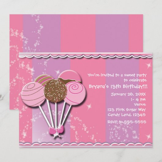 Roze & Paarse Cake Pops Verjaardagsfeest Uitnodigi Kaart (Voorkant / Achterkant)