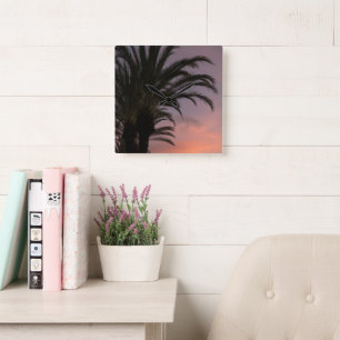 Roze Paarse Caribische Zonsondergang Palmboom 1 Vierkante Klok
