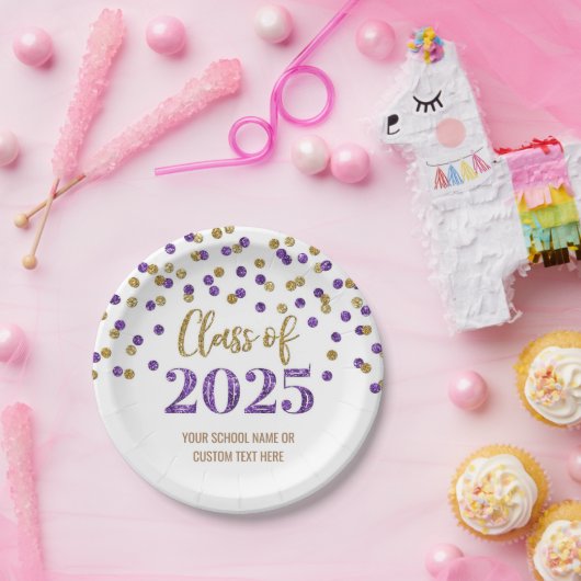 Roze Paarse Confetti Afstuderen 2025 Papieren Bordje (Feest)