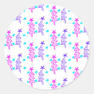 Roze Paarse doodle kerstboom sterren vakantie pa Ronde Sticker