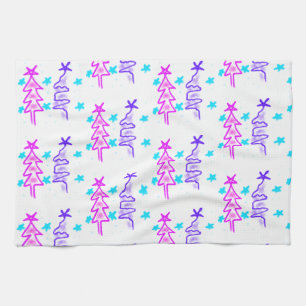 Roze Paarse doodle kerstboom sterren vakantie pa Theedoek