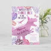 Roze Paarse Drie Rex Meisje Dinosaurus Verjaardag Kaart (Staand voorkant)