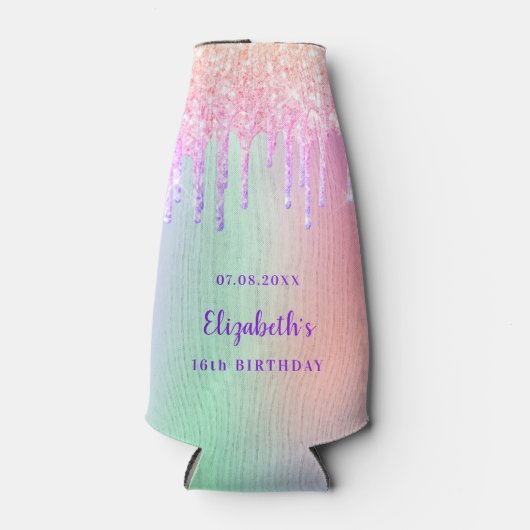 Roze paarse drup holografische verjaardag flesjeskoeler (Voorkant)