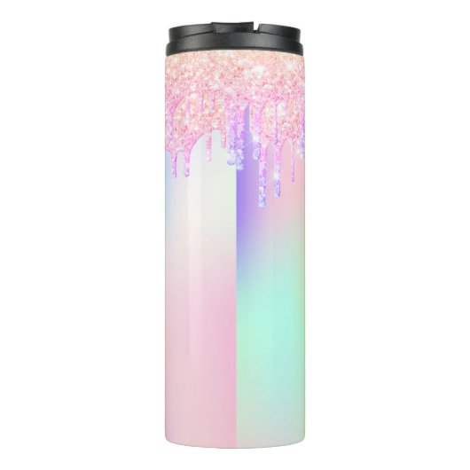 Roze paarse druppels holografisch monogram thermosbeker (Achterkant)