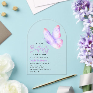 Roze Paarse Een Kleine Vlinder Baby Shower Acryl Uitnodigingen
