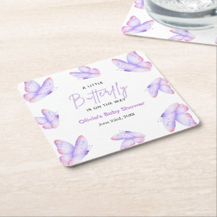 Roze Paarse Een Kleine Vlinder Baby Shower  Vierkante Kartonnen Onderzetter