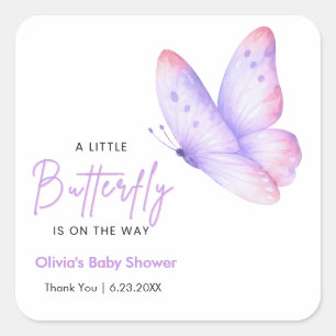 Roze Paarse Een Kleine Vlinder Baby Shower Vierkante Sticker