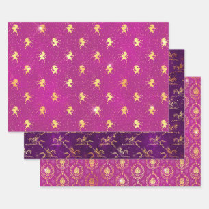Roze & Paarse Eenhoorn & Gouden Sierobject Inpakpapier Vel