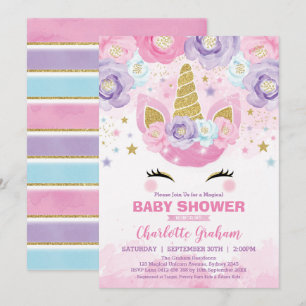 Roze Paarse Eenhoorn Magische Sterren Baby Shower Kaart