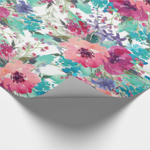 Roze Paarse en Blauwe Waterverf Bloemenpatroon Cadeaupapier