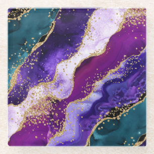 Roze, Paarse en Blauwgroen glitter Peacock Agate Glazen Onderzetter