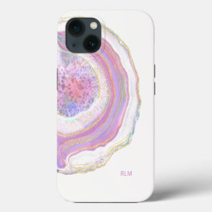 Roze Paarse en Gouden Marmer Geode met Monogram iPhone 13 Hoesje