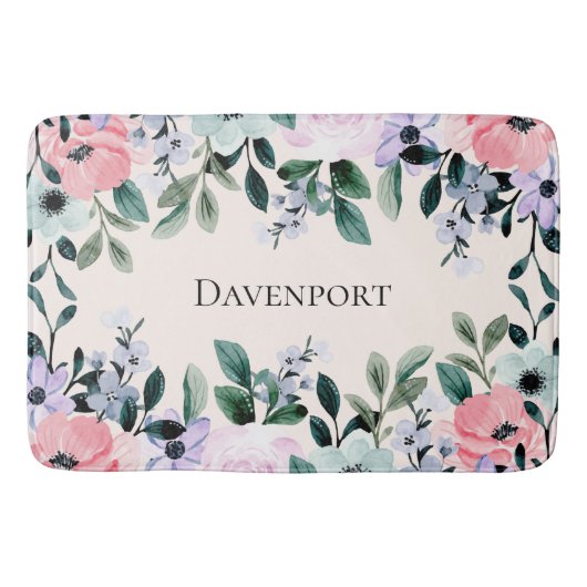 Roze Paarse en groene Floral Waterverf Badmat (Voorkant)