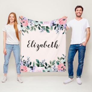 Roze Paarse en groene Floral Waterverf Fleece Deken