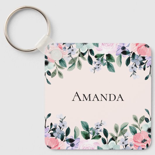Roze Paarse en groene Floral Waterverf Sleutelhanger (Voorkant)