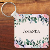 Roze Paarse en groene Floral Waterverf Sleutelhanger (Voorkant)