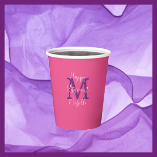 Roze Paarse en Witte Monogrammed Retirement Party Papieren Bekers
