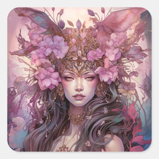 Roze Paarse feestkoningin Fantasy Art Vierkante Sticker (Voorkant)