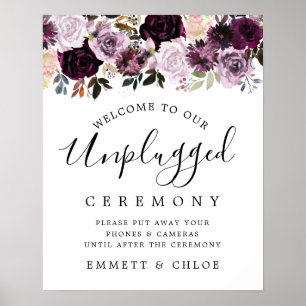 Roze Paarse Floral Unplugged Wedding Ceremony Sign Poster