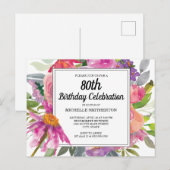 Roze Paarse Floral Women's 80th Birthday Uitnodiging Briefkaart (Voorkant / Achterkant)