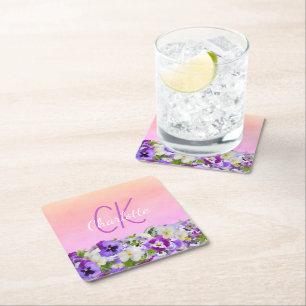 Roze paarse florale naam monogram script vierkante kartonnen onderzetter