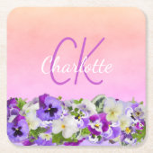Roze paarse florale naam monogram script vierkante kartonnen onderzetter (Voorkant)