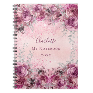 Roze paarse floralen roos zilvernaamschrift notitieboek