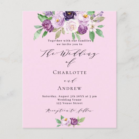 Roze paarse florals QR budget bruiloft uitnodiging (Voorkant)