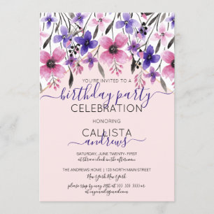 Roze Paarse Florence Waterverf Birthday Party Kaart
