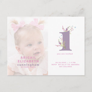 Roze & Paarse Foto 1st Birthday Party Invitation Briefkaart