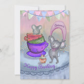 Roze & Paarse Funny Cool Mice Custom Verjaardag Ka Feestdagenkaart (Voorkant)