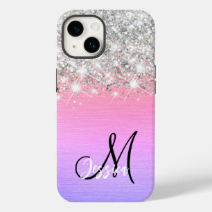 Roze Paarse Geborsteld Metaal Zilver Glitter Monog Case-Mate iPhone 14 Hoesje