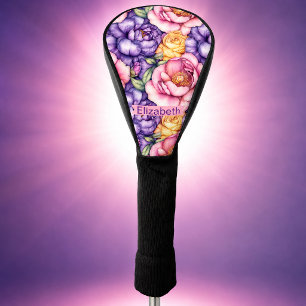 Roze Paarse Gele Pioen Bloemige Gepersonaliseerde Golfheadcover