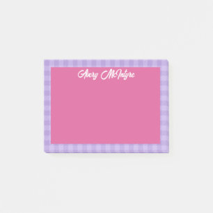 Roze Paarse Gingham Rand Naam in Cool Schrift Post-it® Notes