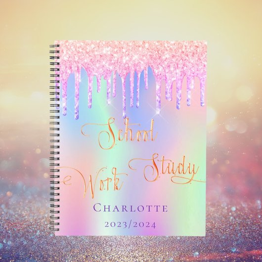 Roze paarse glitter drijft holografische school planner