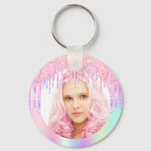 Roze paarse glitter druppelt fotomeisje sleutelhanger