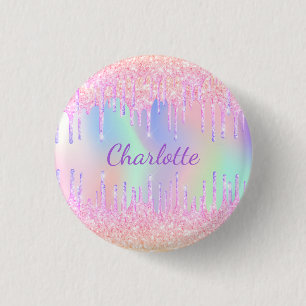 Roze paarse glitter druppelt naam holografische re ronde button 3,2 cm