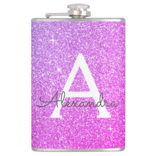 Roze Paarse glitter en Sparkle Monogram Heupfles