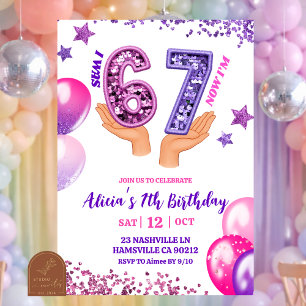 Roze Paarse Glitter hand 67 Verjaardagsfeestje Kaart