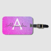 Roze - Paarse Glitter Monogram Naam Bagagelabel (Voorkant (horizontaal))