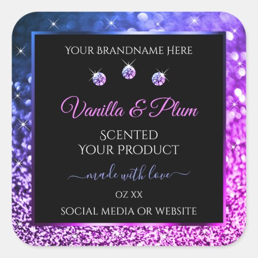 Roze Paarse Glitter Product Labels diamanten zwart (Voorkant)
