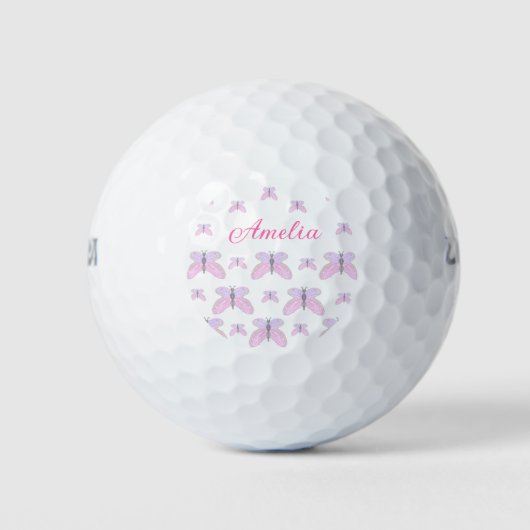 Roze paarse glitter vlinder naam tekst letter toev golfballen (Voorkant)