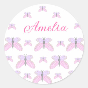 Roze paarse glitter vlinder naam tekst letter toev ronde sticker
