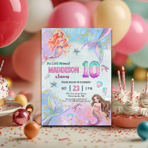 Roze Paarse Glitter Zeemeerminnen 10e Verjaardagsf Kaart