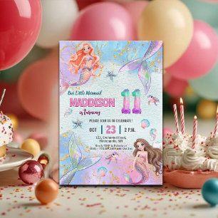 Roze Paarse Glitter Zeemeerminnen 11e Verjaardagsf Kaart