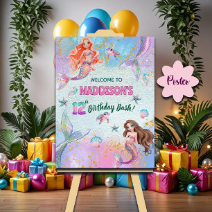 Roze Paarse Glitter Zeemeerminnen 12e Verjaardag W Poster