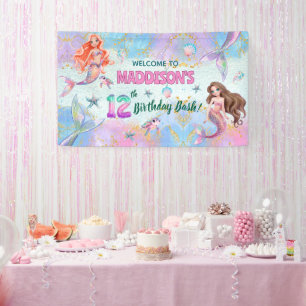 Roze Paarse Glitter Zeemeerminnen 12e Verjaardag W Spandoek