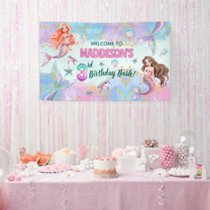 Roze Paarse Glitter Zeemeerminnen 3e Verjaardag We Spandoek