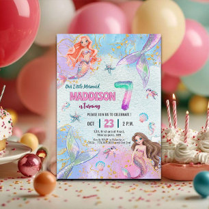 Roze Paarse Glitter Zeemeerminnen 7e Verjaardagsfe Kaart