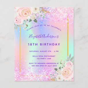 Roze paarse glitters bloemen verjaardagsuitnodigin flyer